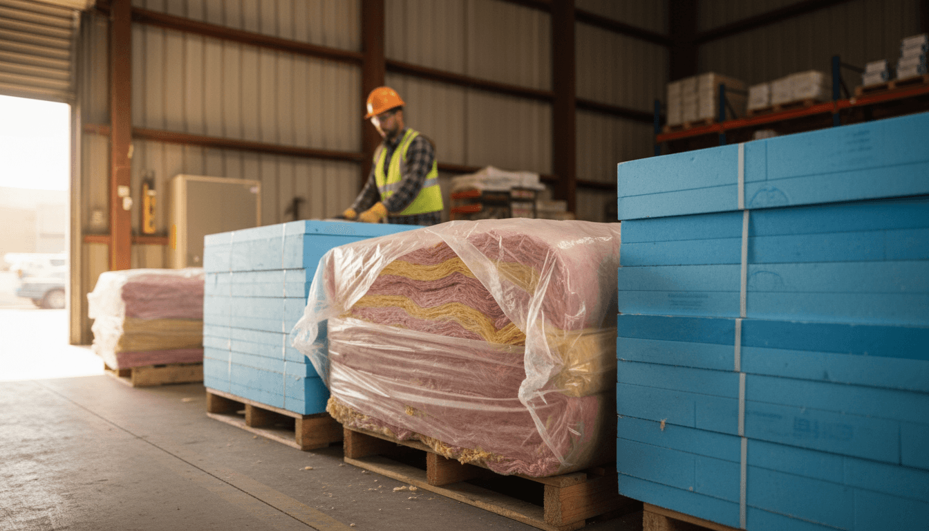 Fiberglass insulation batts and foam board on warehouse pallets