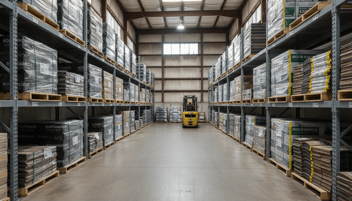Commercial warehouse aisle stacked with roofing membrane rolls and shingle bundles