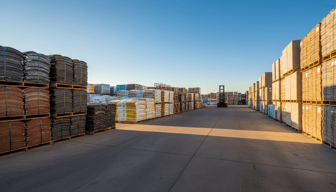 Stacked pallets of commercial roofing and siding materials in a supply yard