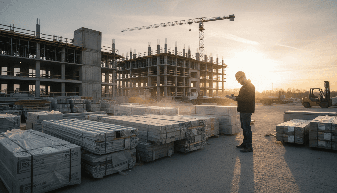 Contractor reviewing supply checklist beside organized stacks of commercial roofing and siding materials at a construction site