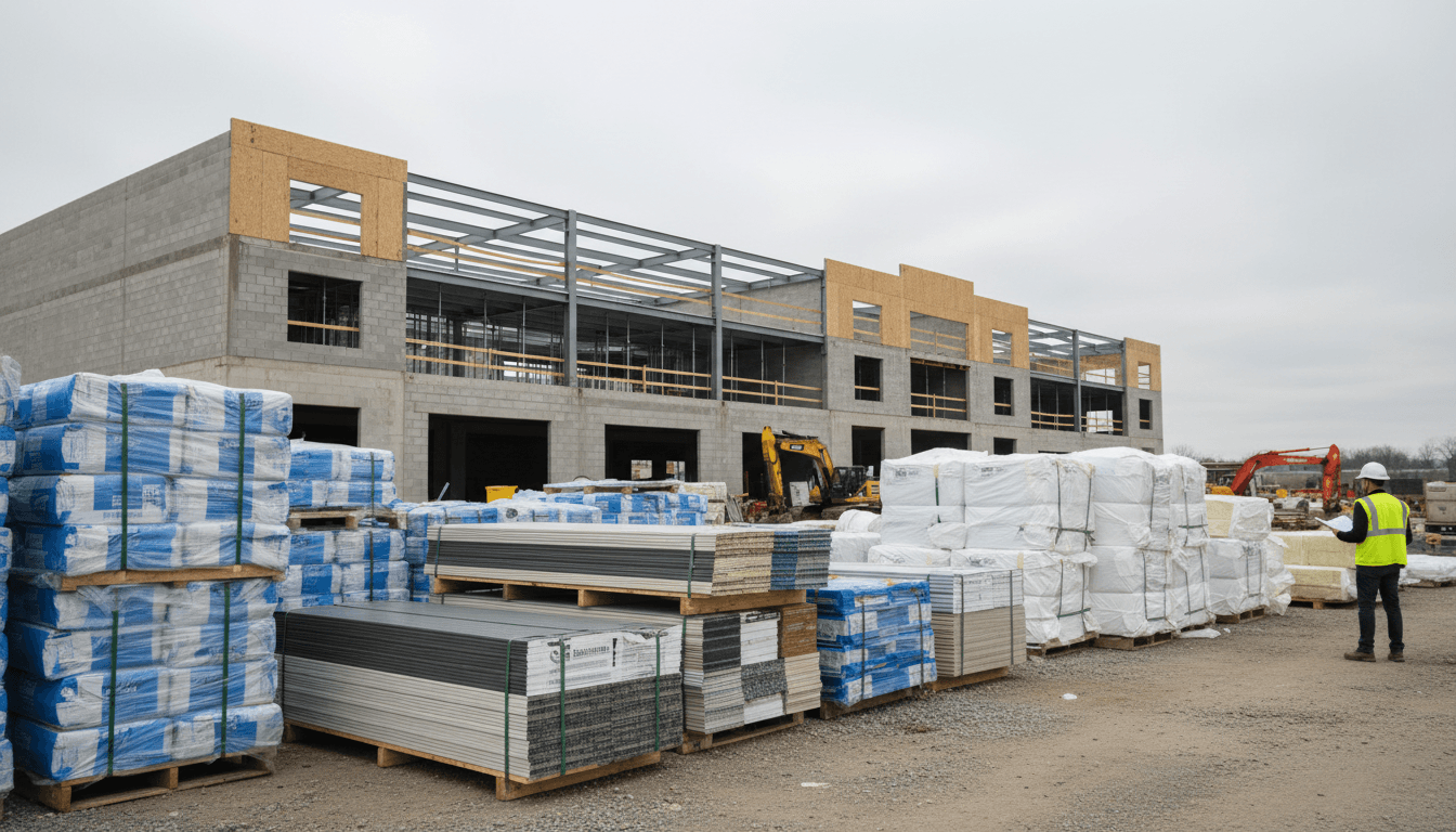 Staged building material pallets near a commercial construction site
