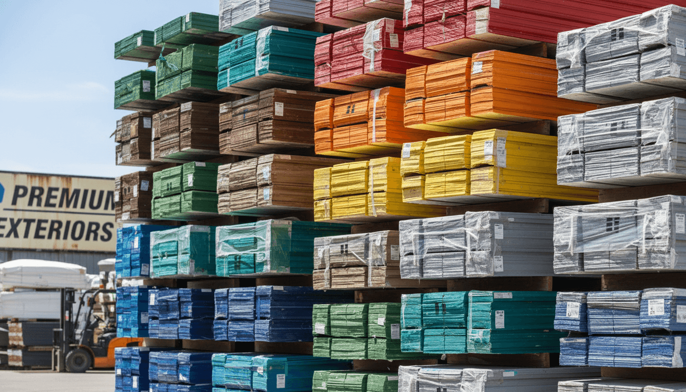 Neatly stacked siding panels in a commercial supply yard