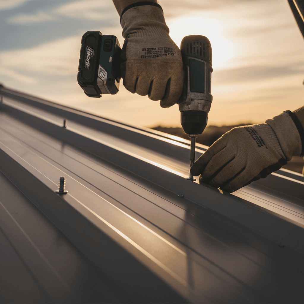 Contractor installing metal siding panels on a commercial structure