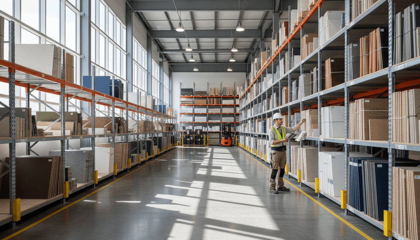Fiber cement siding panels and trim in a warehouse