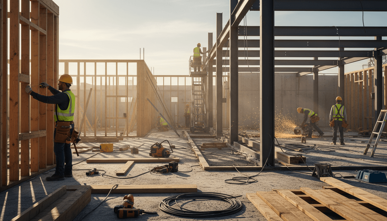 Commercial construction site with stacked roofing and siding materials at golden hour
