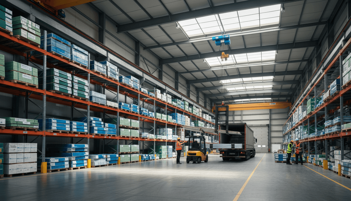 Palletized roofing and siding materials arranged in a commercial warehouse