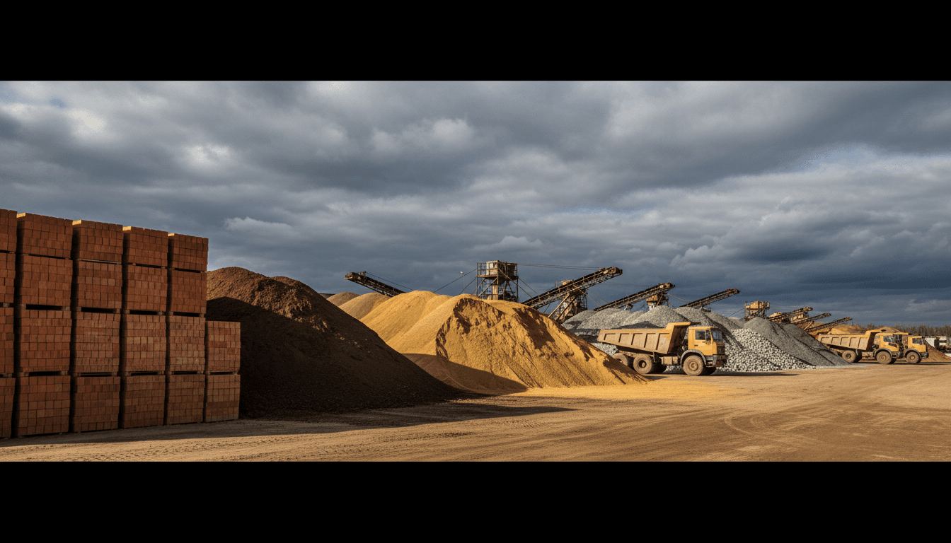Organized wholesale building material supply yard with stacked roofing and siding products