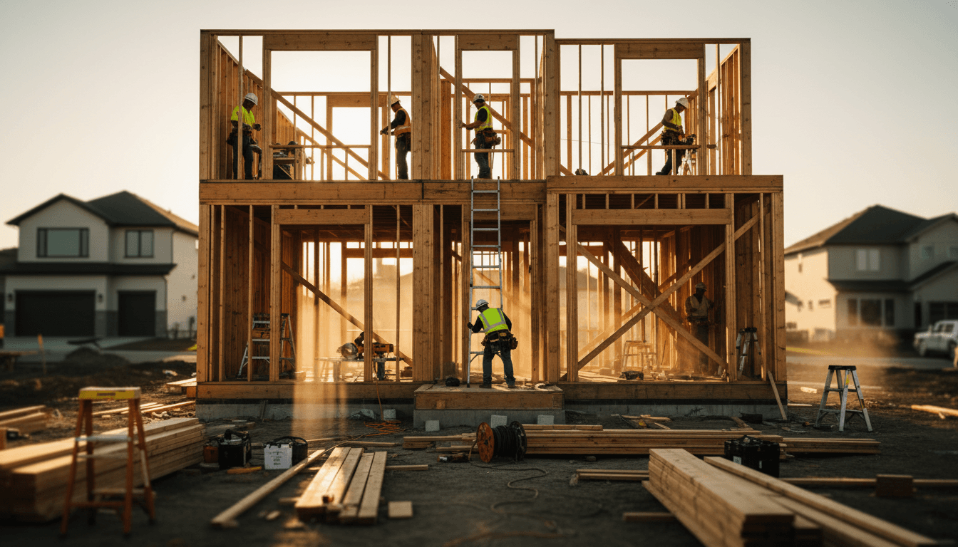Two construction professionals shaking hands beside a material shipment