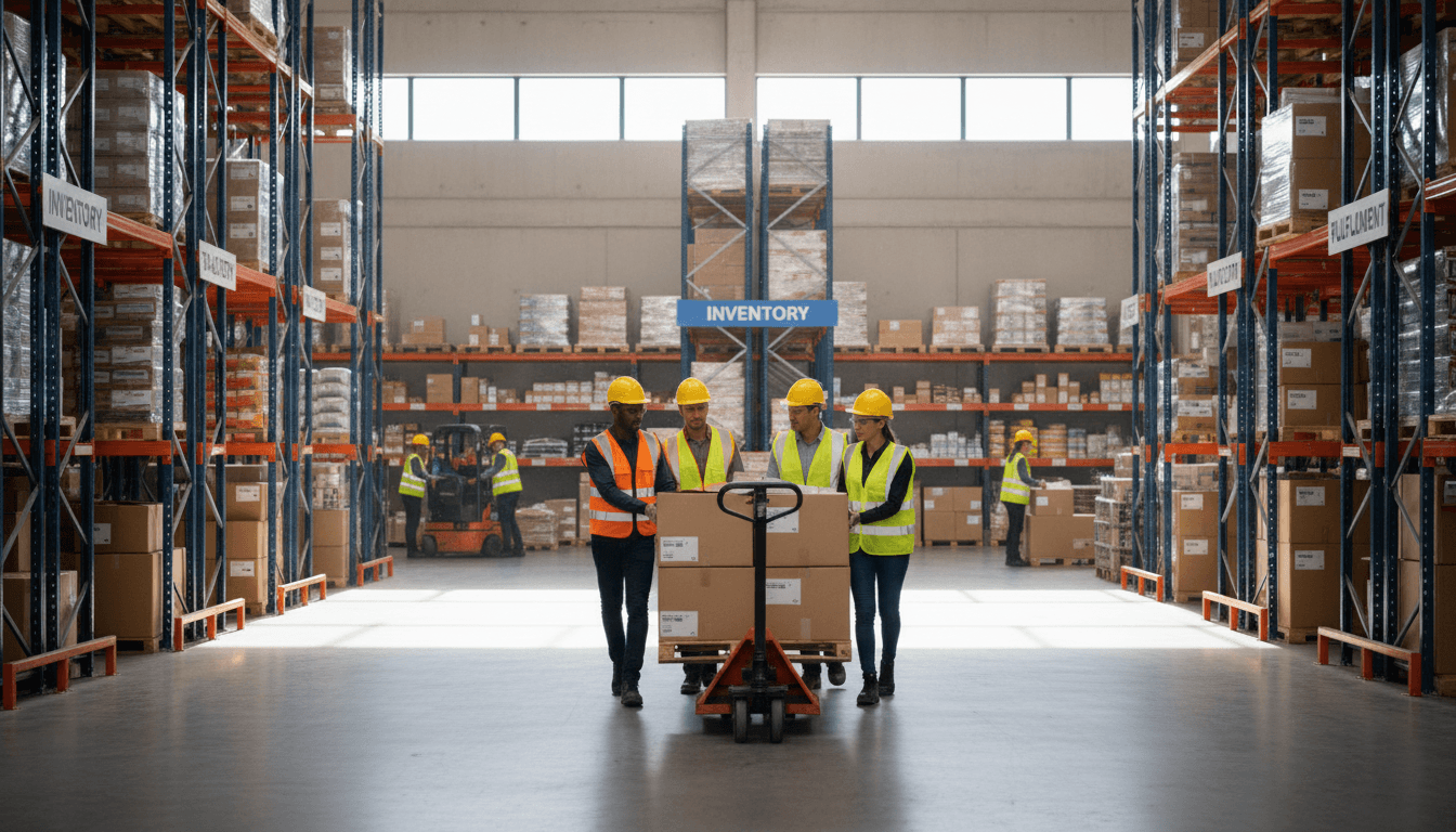 Forklift moving siding bundles through a commercial supply yard