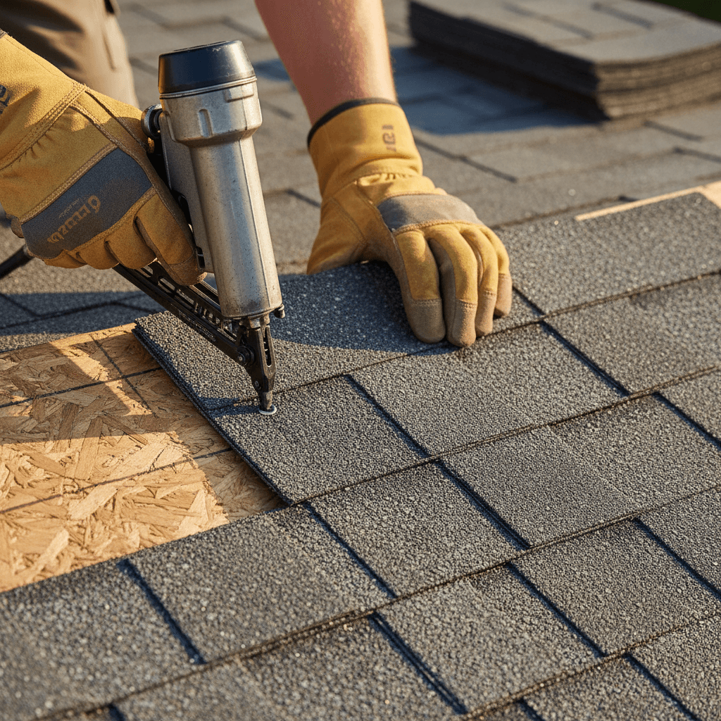 Stacked asphalt shingle bundles in a commercial supply yard