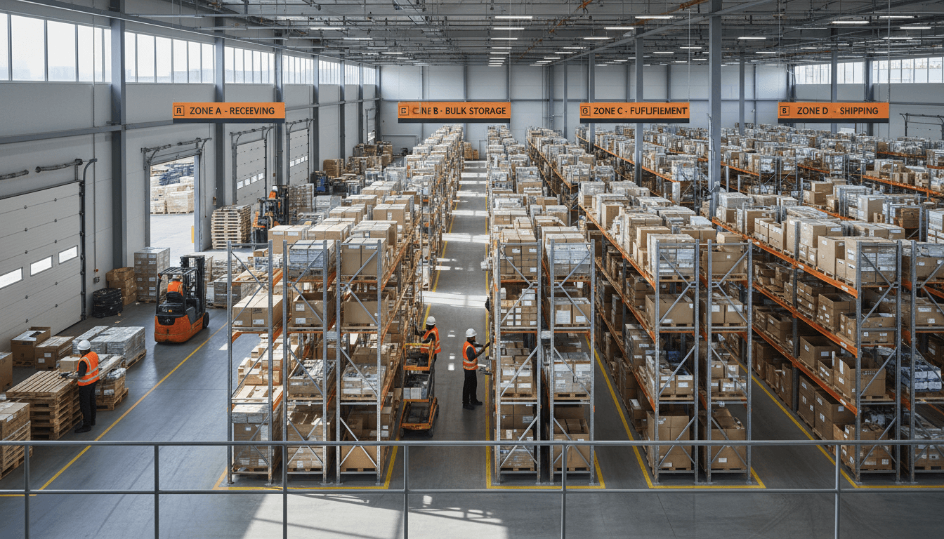 Commercial buyer reviewing material orders in a warehouse