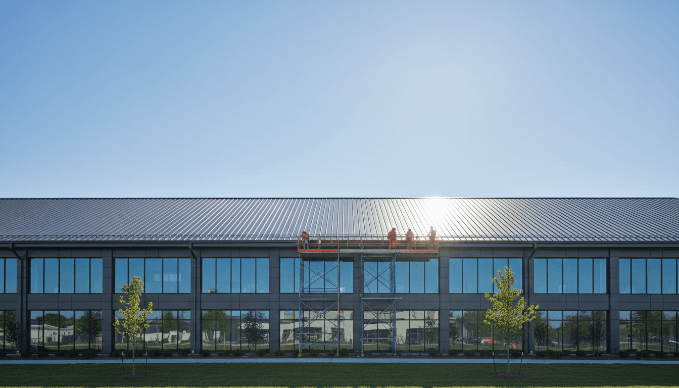 Completed metal roofing on a commercial building with scaffolding in place