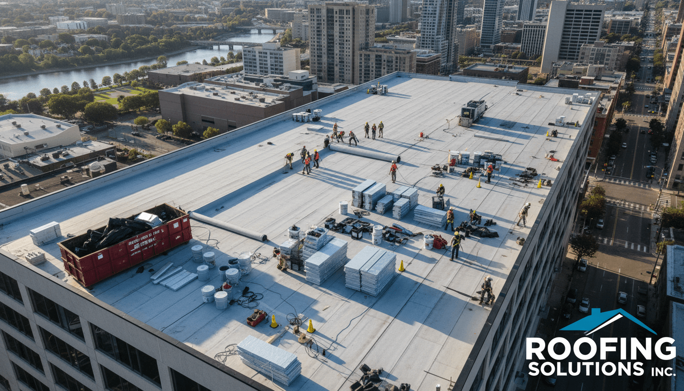 Insulation boards being placed across a commercial roof deck